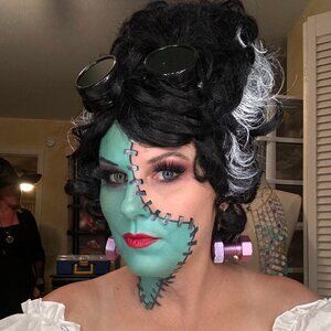 Bride of Frankenstein Wig Costume Cosplay Black Beehive White Streaks